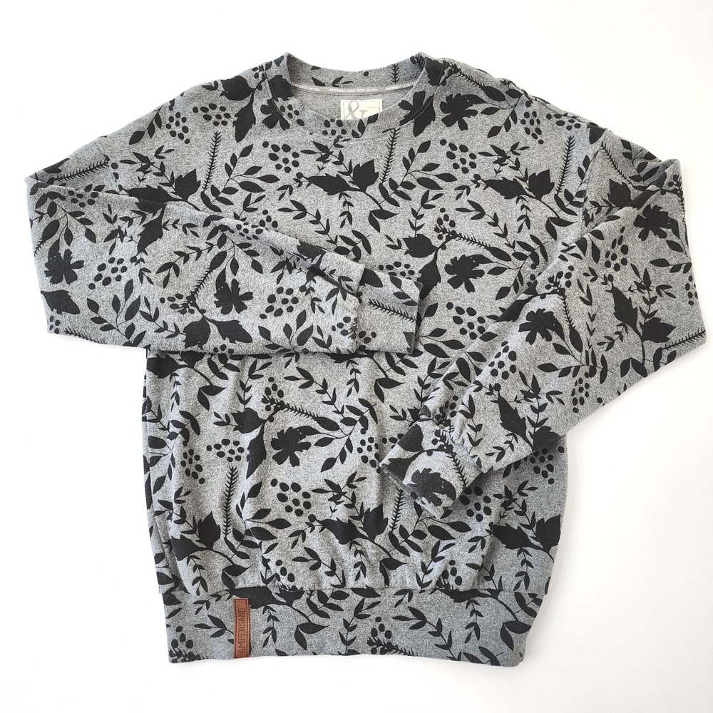 Ampersand Avenue Gray Black Floral Botanical Crewneck Sweatshirt XS Pullover